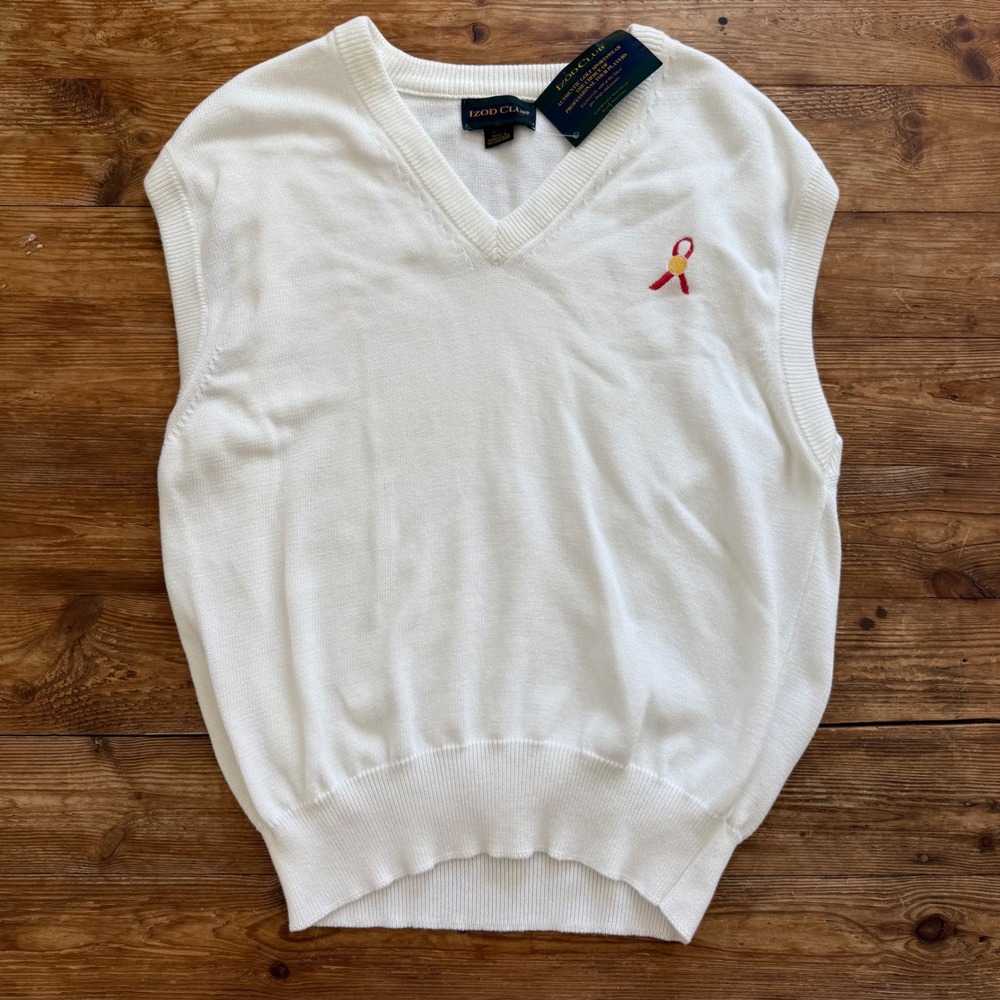 Izod Club White Egyptian Cotton V-Neck Golf Sweater Vest Tennis Logo Men's L NWT